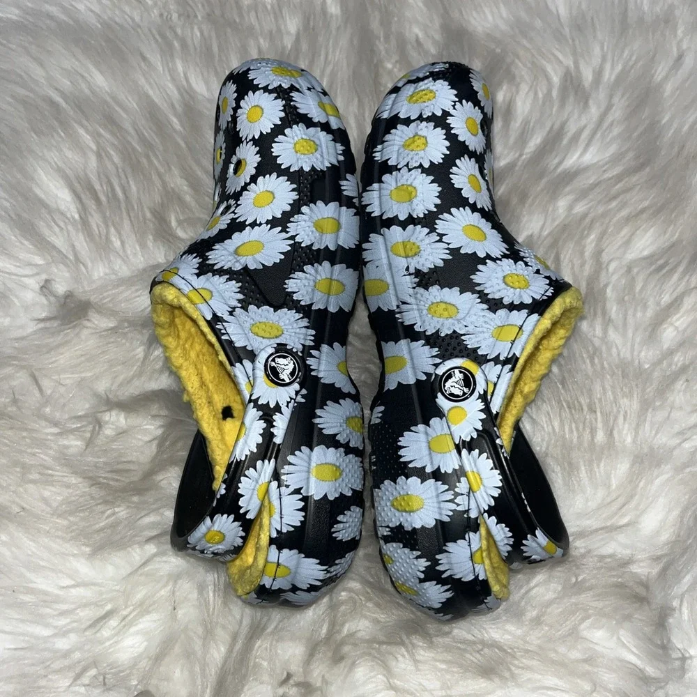 Crocs Classic Clog Shoes Women's 9 Black White Yellow Floral Print Lined Slip On - Picture 8 of 12